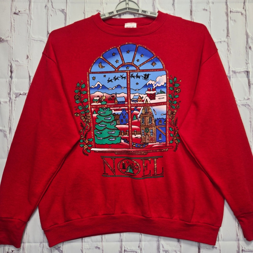 Vintage Holiday Time Sweatshirt Red Noel Glitter Graphic Christmas Women XL